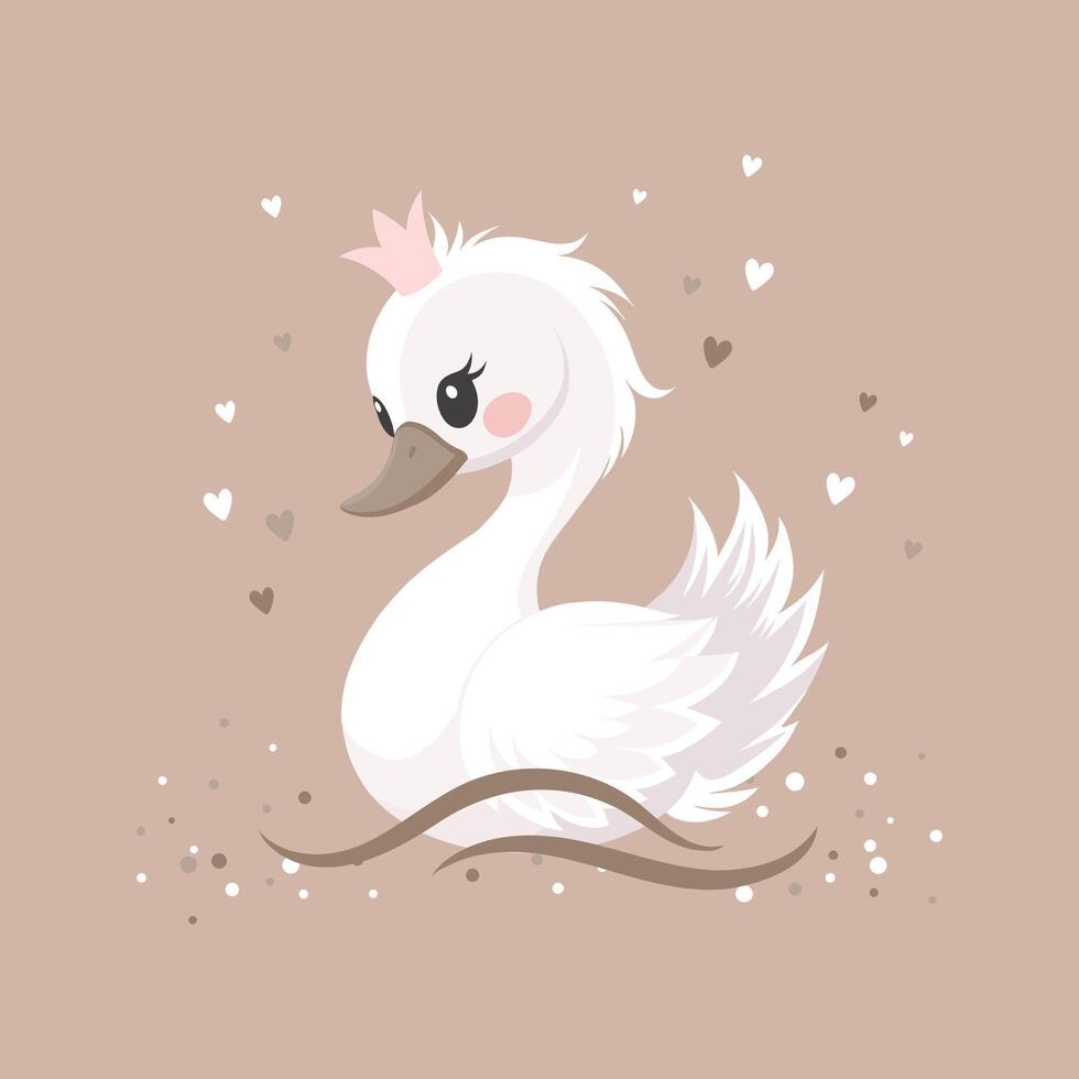 Cute swan princess with pink crown on beige background. Children's illustration, postcard, template for congratulations. vector