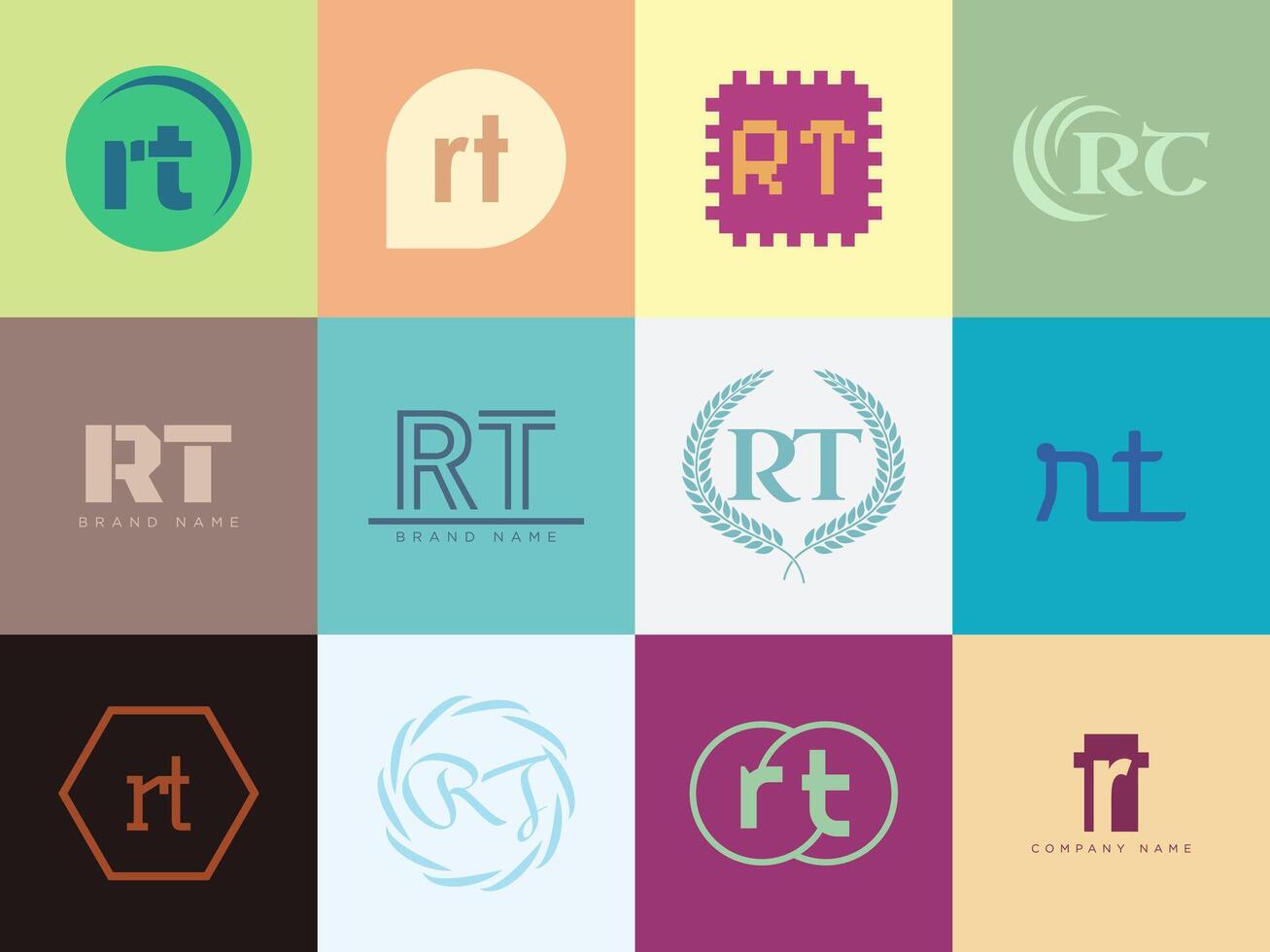 RT logo company template. Letter r and t logotype. Set different classic serif lettering and modern bold text with design elements. Initial font typography. vector