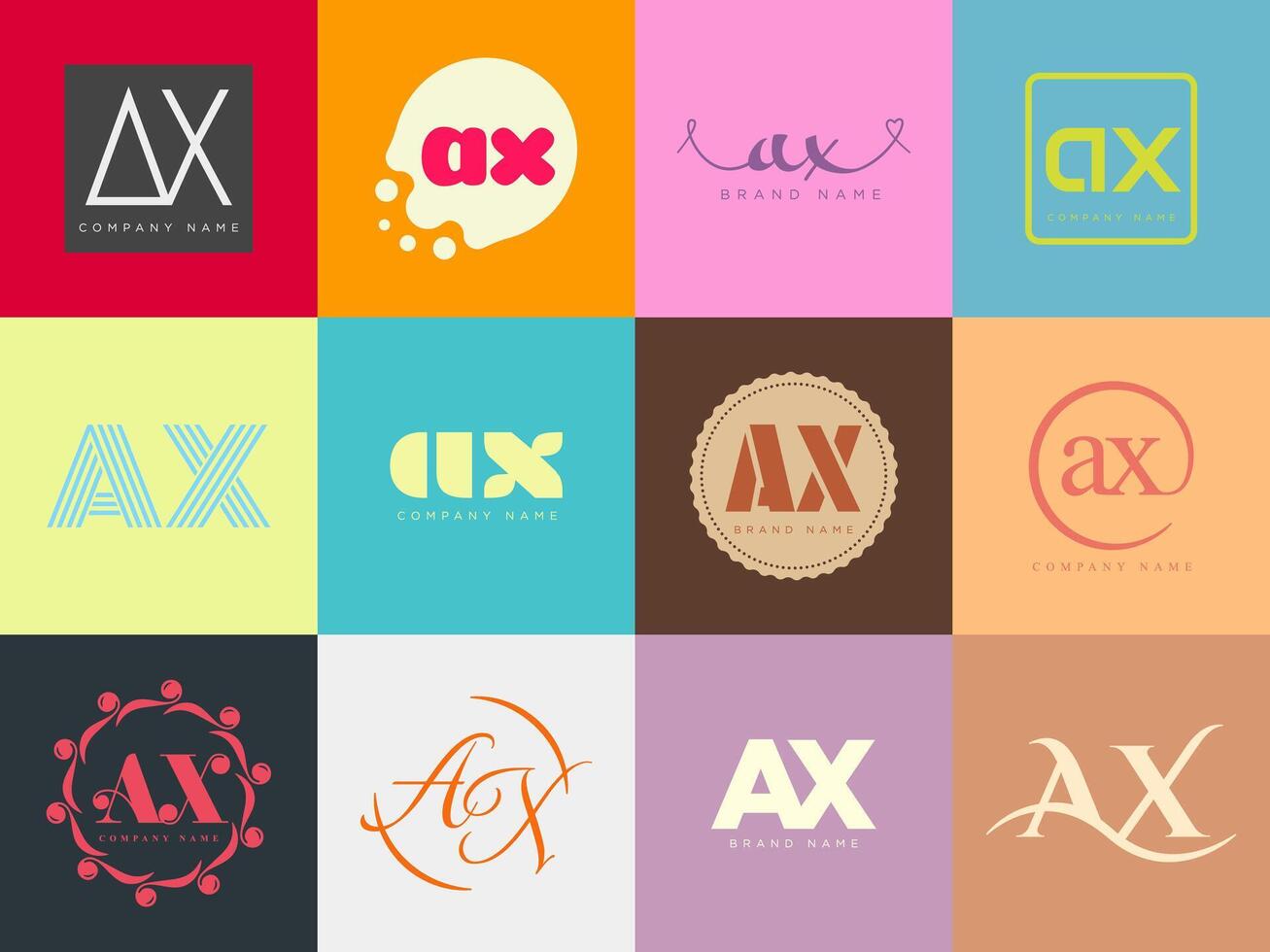 AX logo company template. Letter a and x logotype. Set different classic serif lettering and modern bold text with design elements. Initial font typography. vector