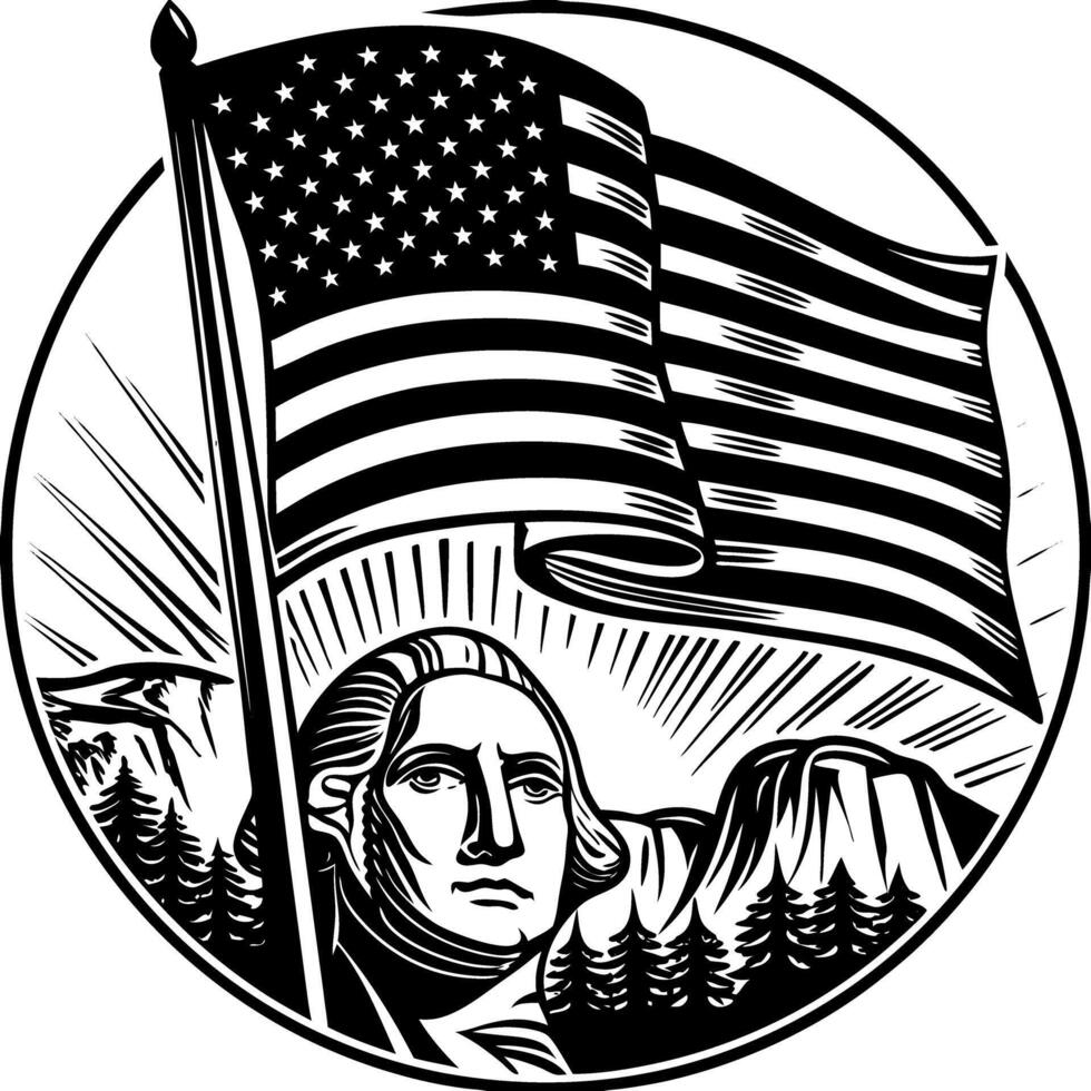 Illustration of the American holiday President's Day. Black and white vintage woodcut style. Independence and patriotism concept for design and print vector
