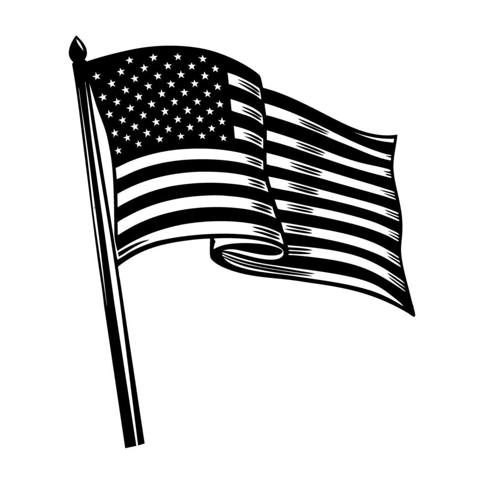 American flag waving on a flagpole. Black and white vintage woodcut illustration. Patriotic and national pride concept for design and print vector