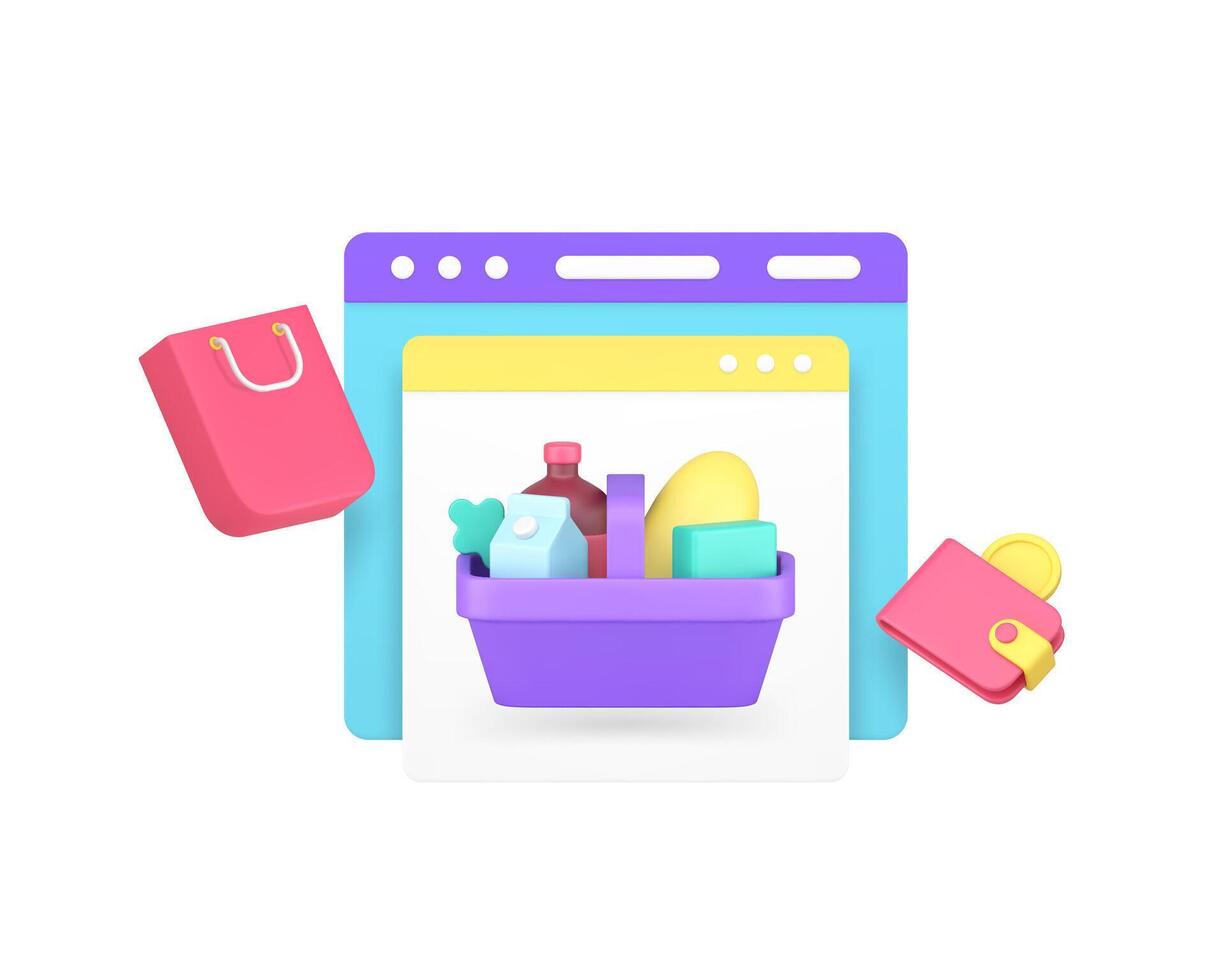 Grocery online shopping store internet purchase 3d icon realistic illustration vector