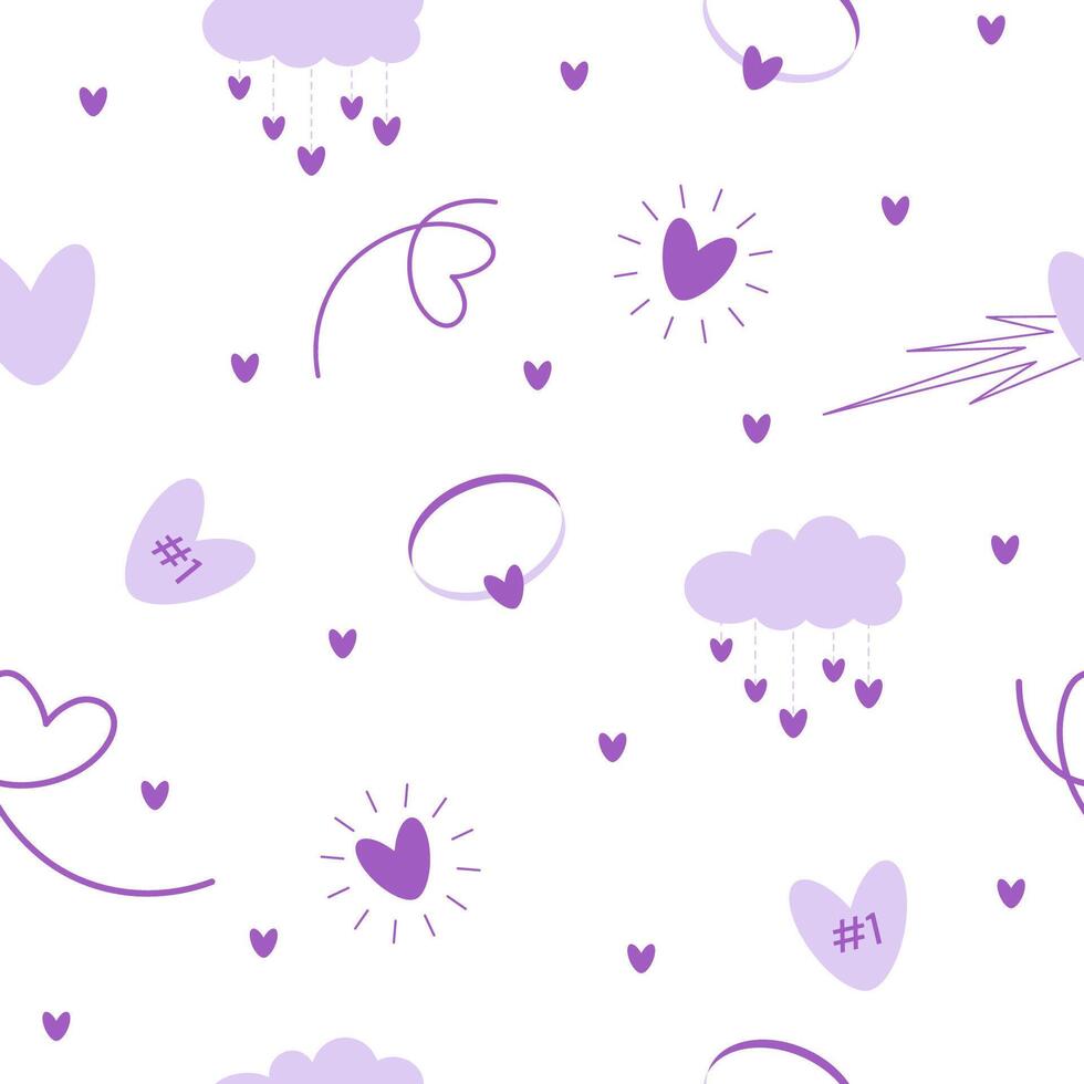 Flat cute romantic Valentines day, love season seamless pattern with cloud and heart rain, wedding ring, heart asteroid, number one text, line art shapes. vector