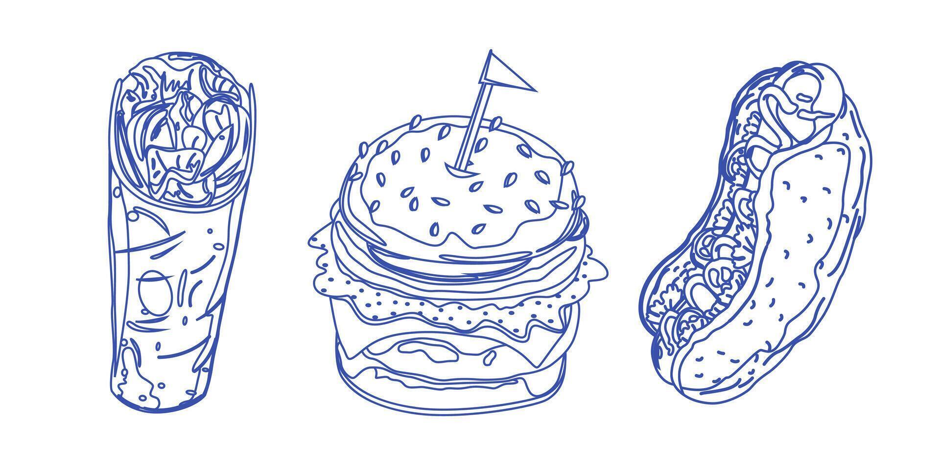 set of linear doodles food icons. Outline, linear, thin line art, hand drawn sketch. Fast food line art. Illustrations of food for coloring by numbers vector