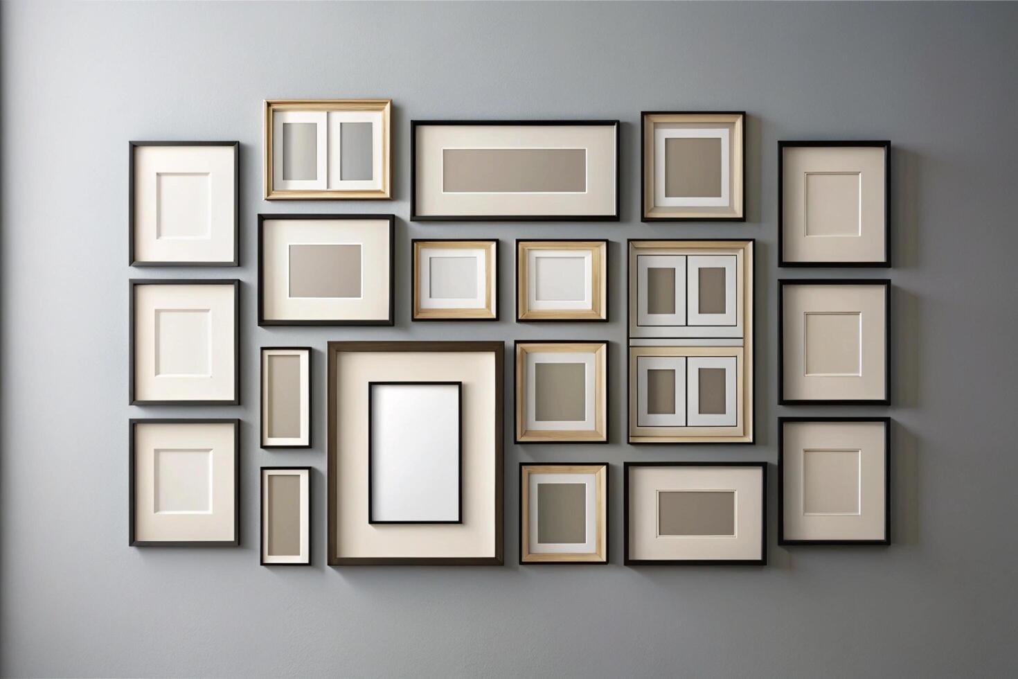Elegant gallery wall with modern black and gold picture frames arranged in a symmetrical pattern, perfect for interior decor inspiration photo