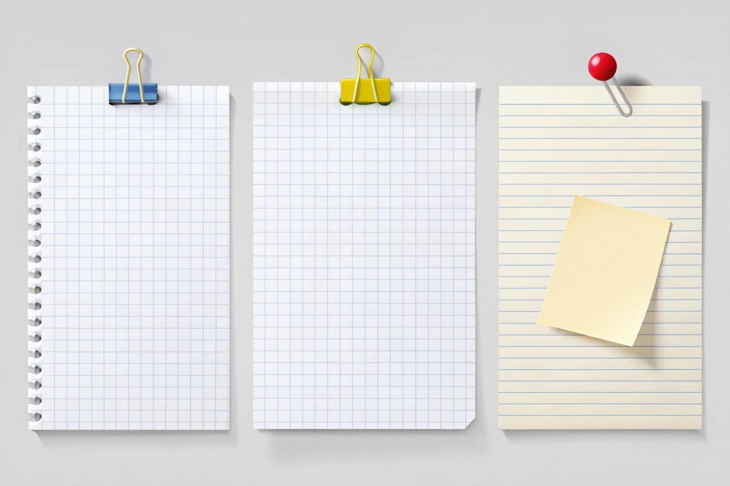 Set of blank white and lined paper sheets with binder clips, push pins, and sticky notes, perfect for office, school, or design use photo