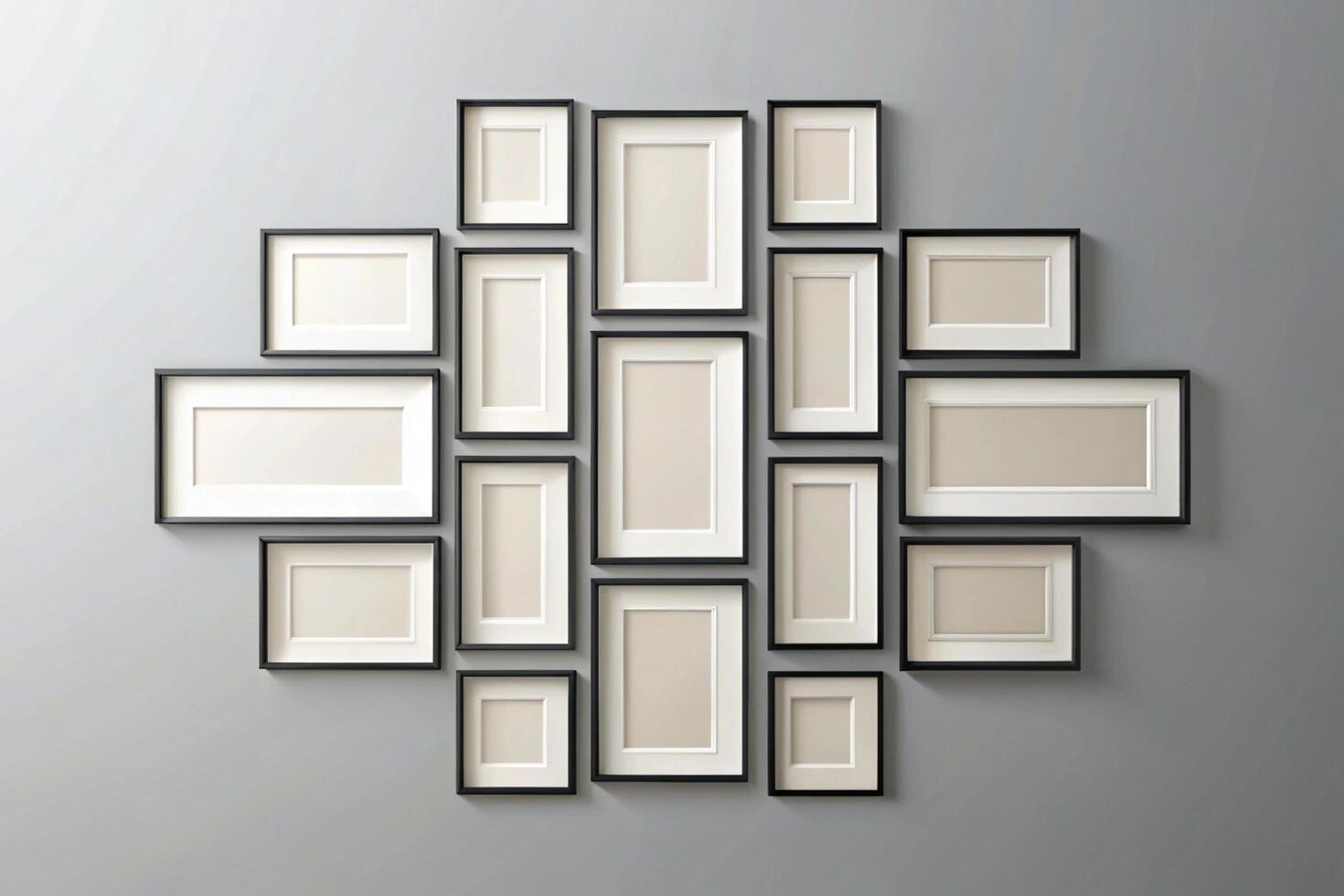 Grid like arrangement of various sized modern frames on wall, ideal for gallery wall design and minimalist interior aesthetics photo