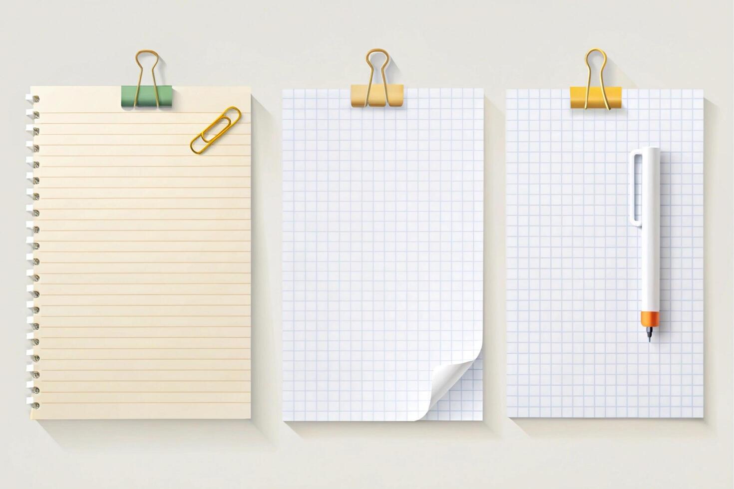 Collection of paper sheets in various styles with grid and lined patterns, featuring clips, pins, and sticky notes on neutral backgrounds photo