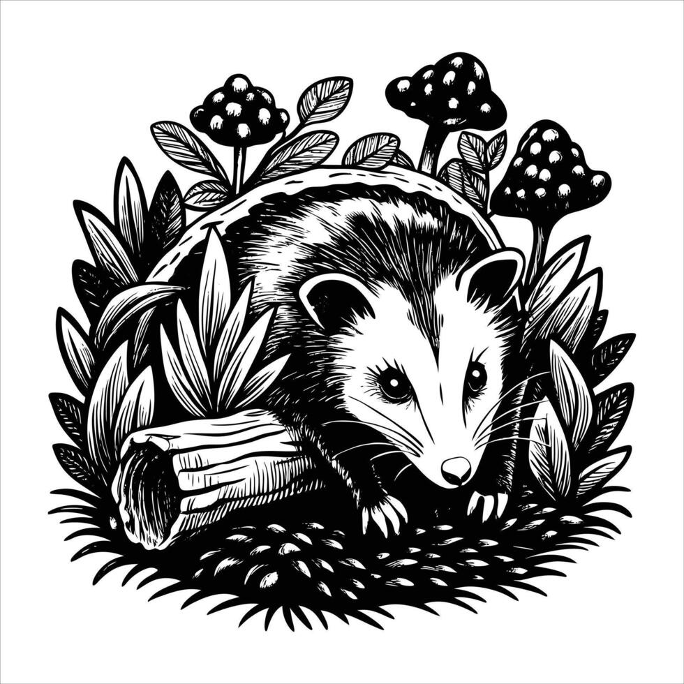 Opossum peeking out of a hollow log surrounded vector