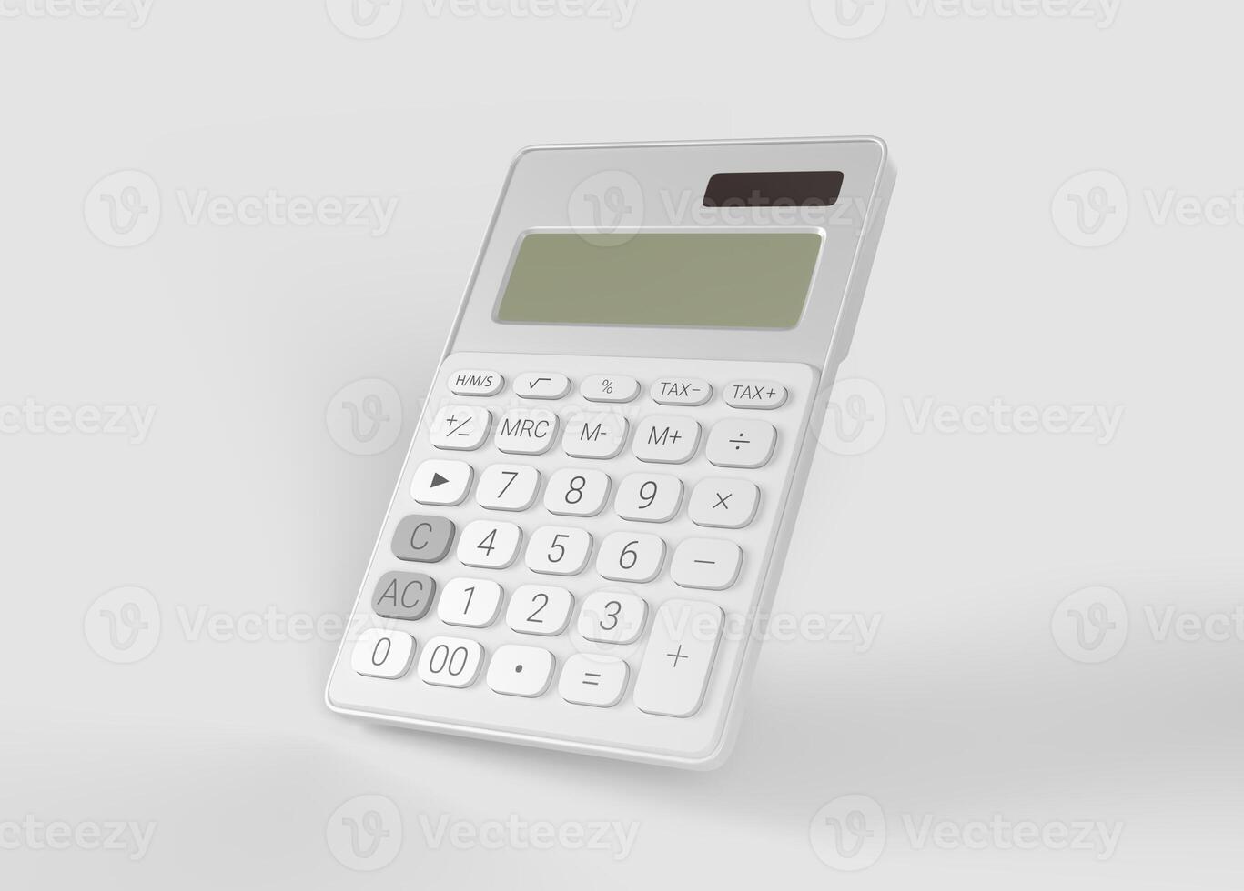 white calculator left side with numbers on white backdrop photo