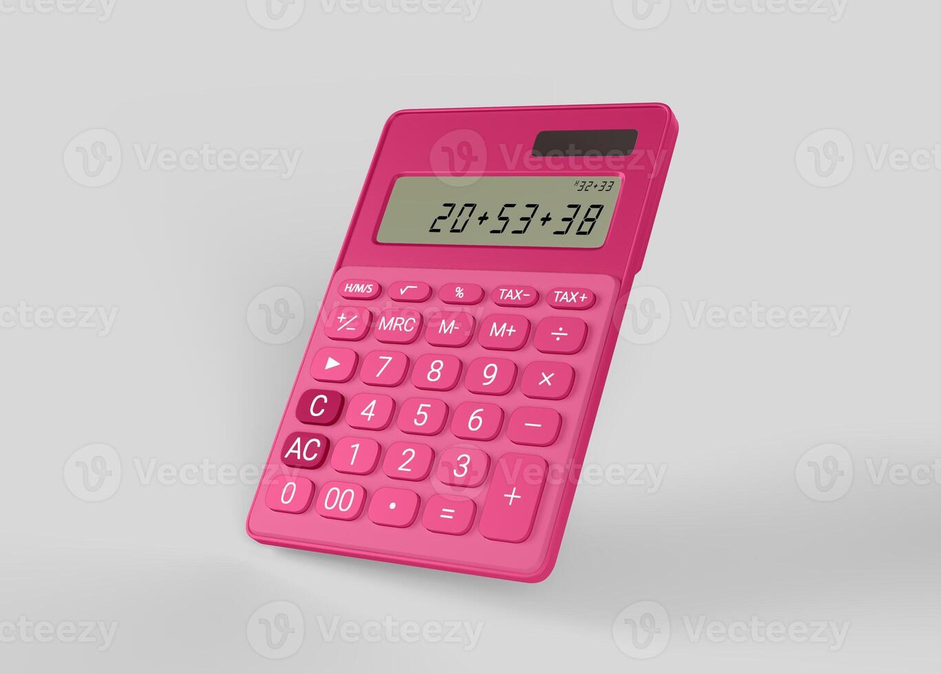 pink calculator with numbers on white backdrop photo