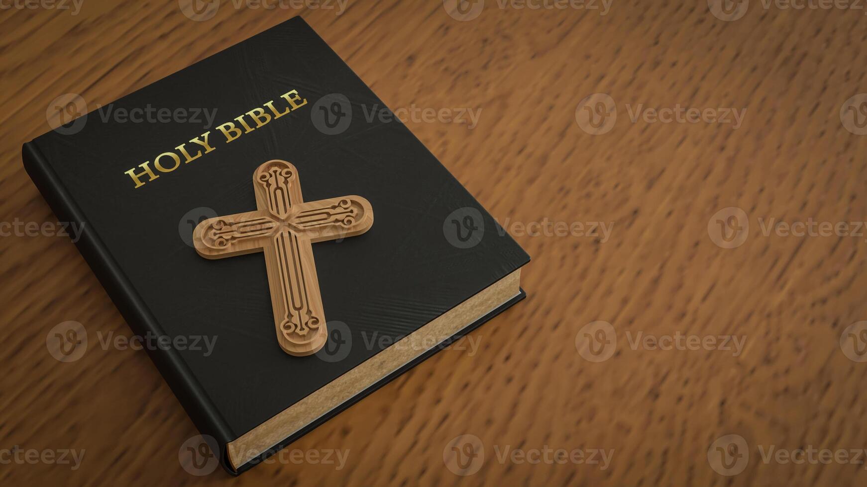 Cross on holy bible book on wood table 3d rendering. photo