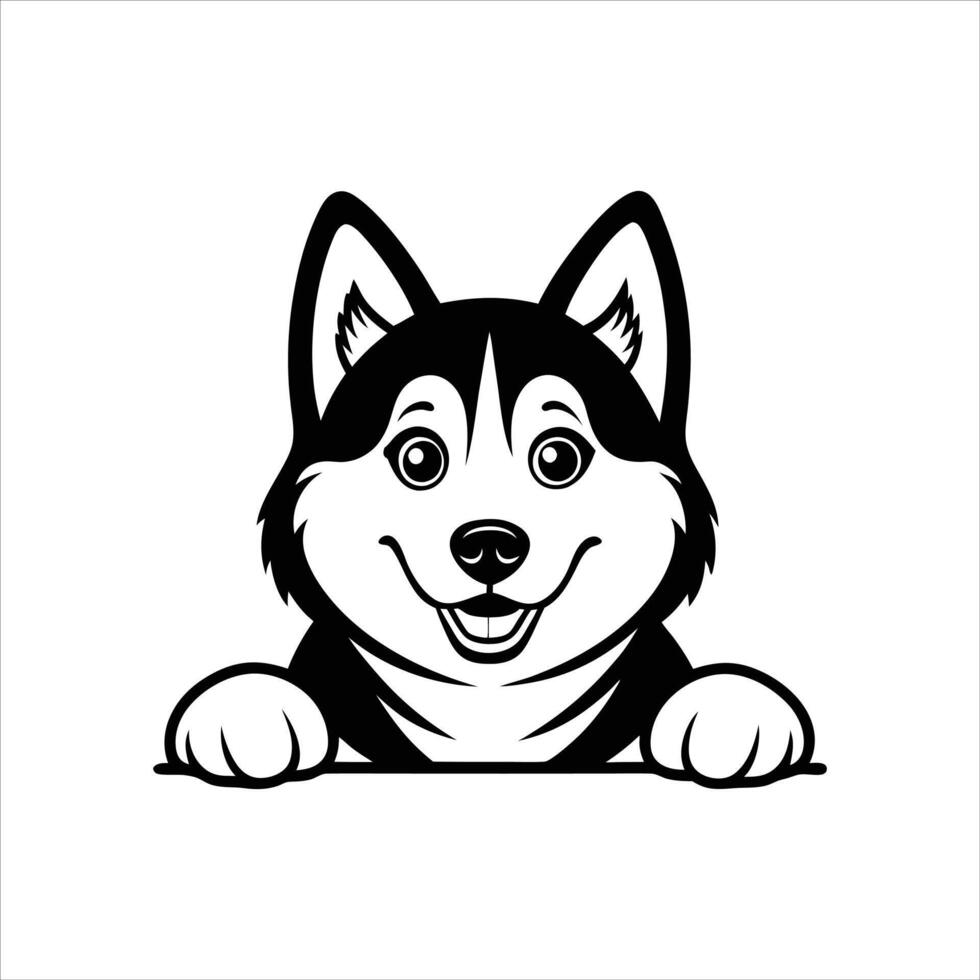 Husky Dog peeking face Black and White vector