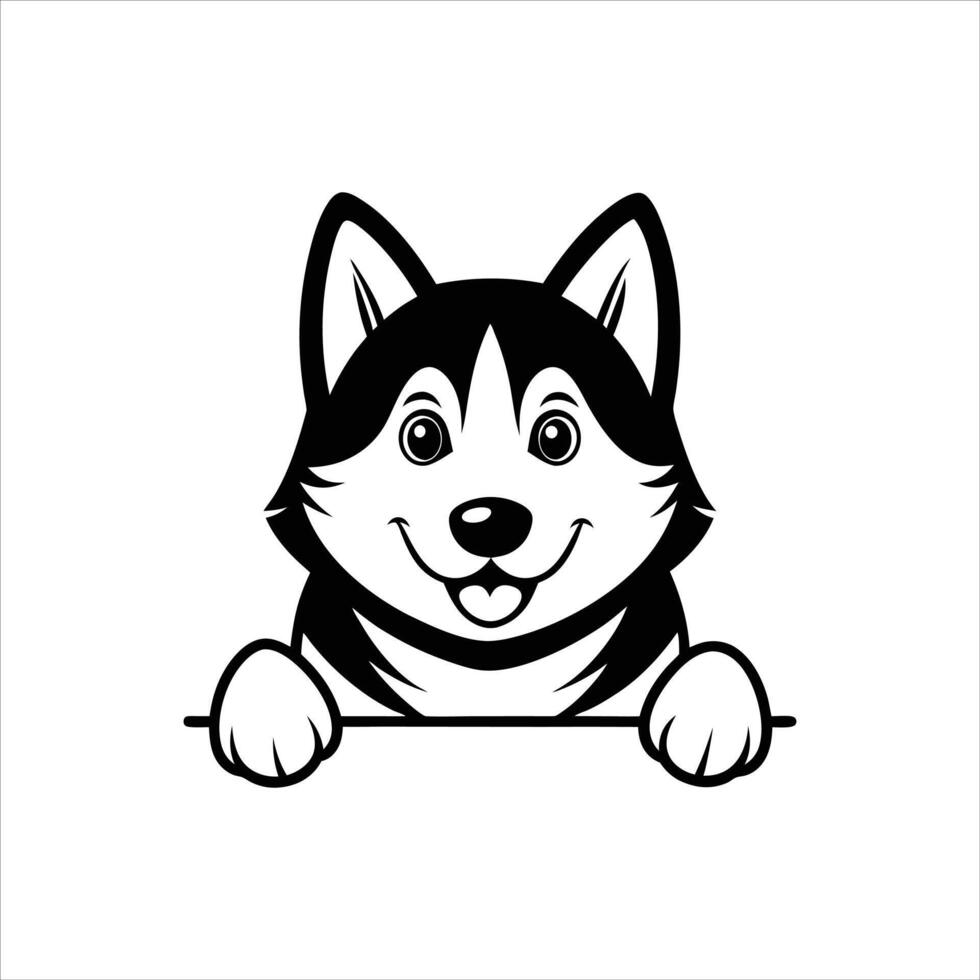 Cute Husky Dog peeking face Black and White vector