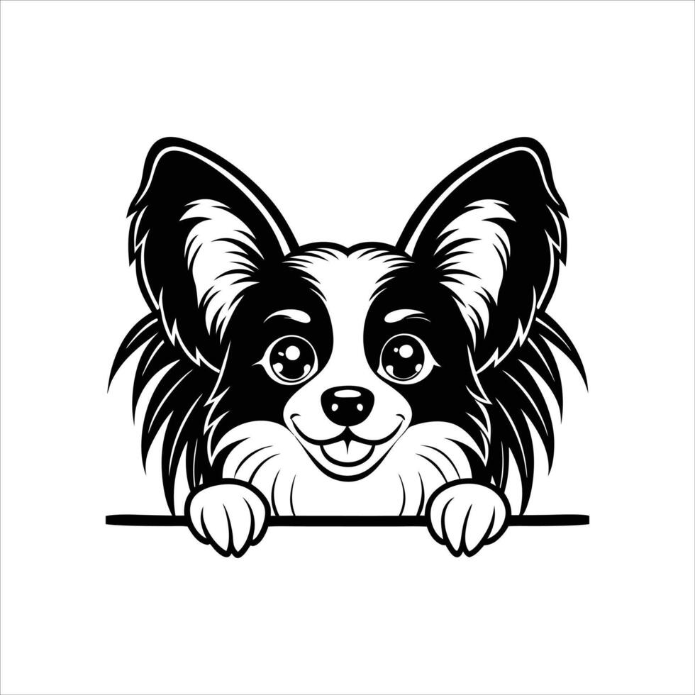 Papilion Dog peeking face Black and White vector