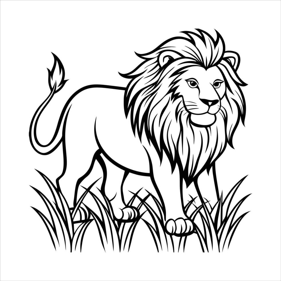 Angry female lion looking for prey in a grass field in the wilderness vector