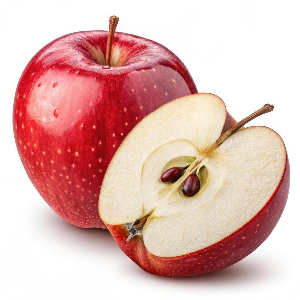 glossy red apple with shiny surface and fresh cut revealing seeds photo