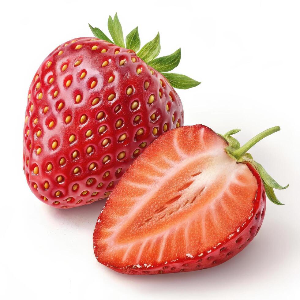 Fresh, glossy red strawberry with sliced half revealing juicy interior photo
