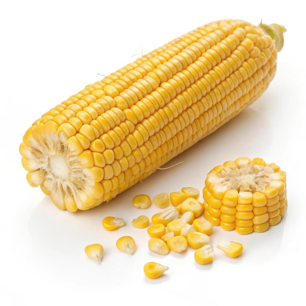 Fresh golden yellow corn on cob with kernels and cut pieces photo