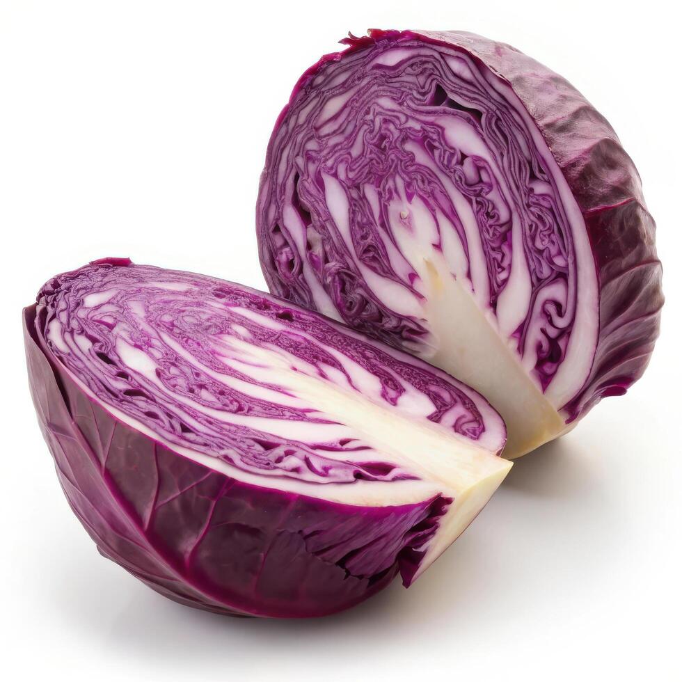 Fresh purple cabbage cut in half, showcasing vibrant color and texture photo