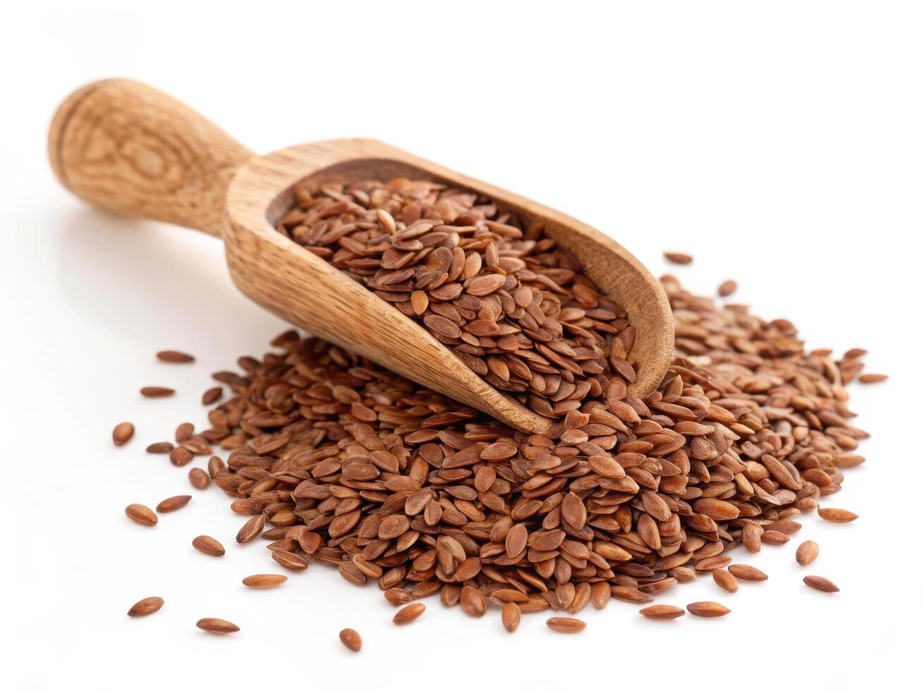 High resolution image of raw brown flaxseed in wooden scoop photo