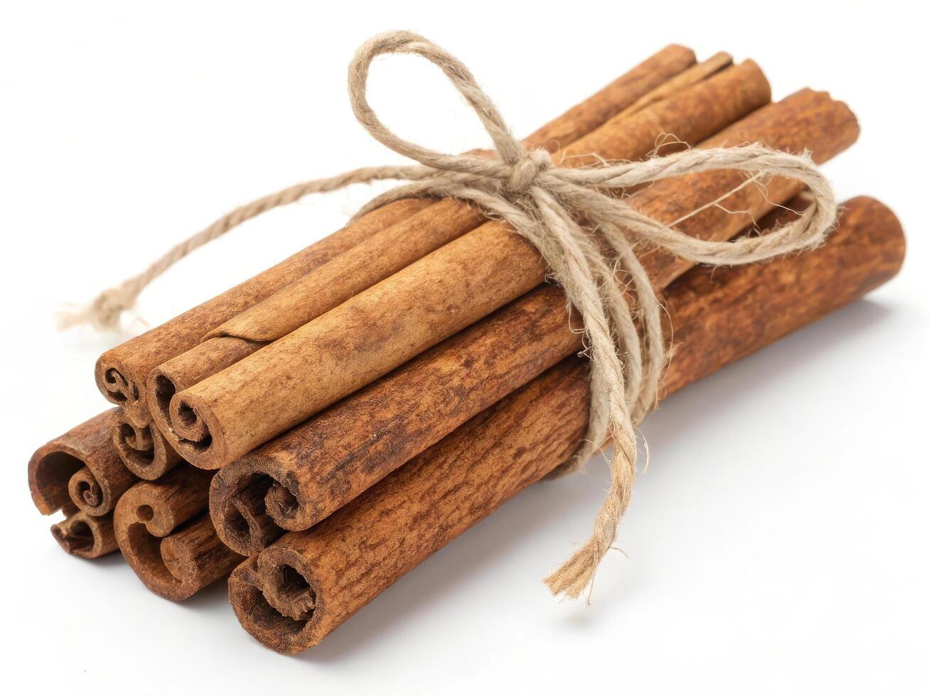 Fresh brown cinnamon sticks tied with twine, perfect for cooking and baking photo