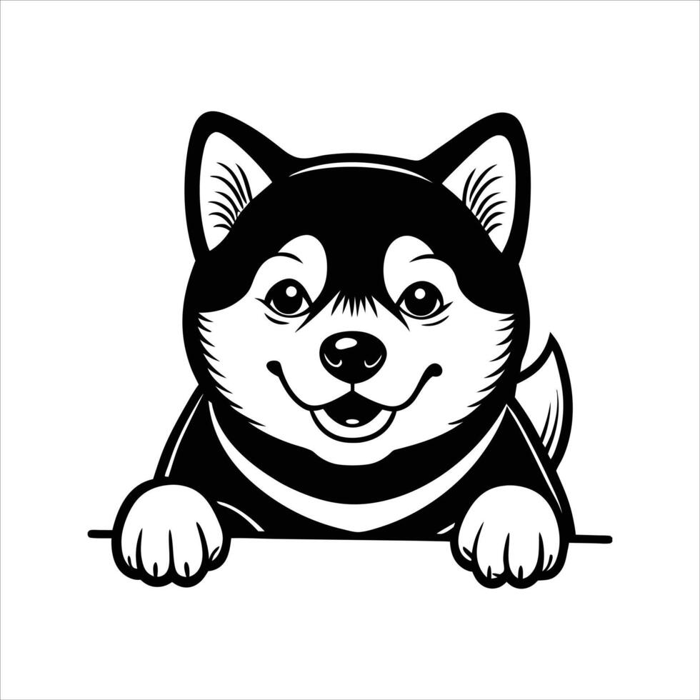 Shiba Dog peeking face Black and White vector