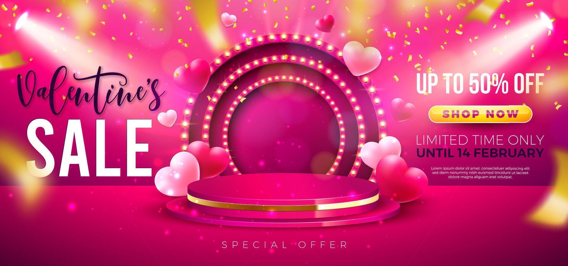 Valentine's Day Sale Banner Design with Stage Podium and Glowing Light Bulb Billboard on red Background. Holiday Business Illustration with Special Offer Elements for Coupon, Voucher, Flyer vector