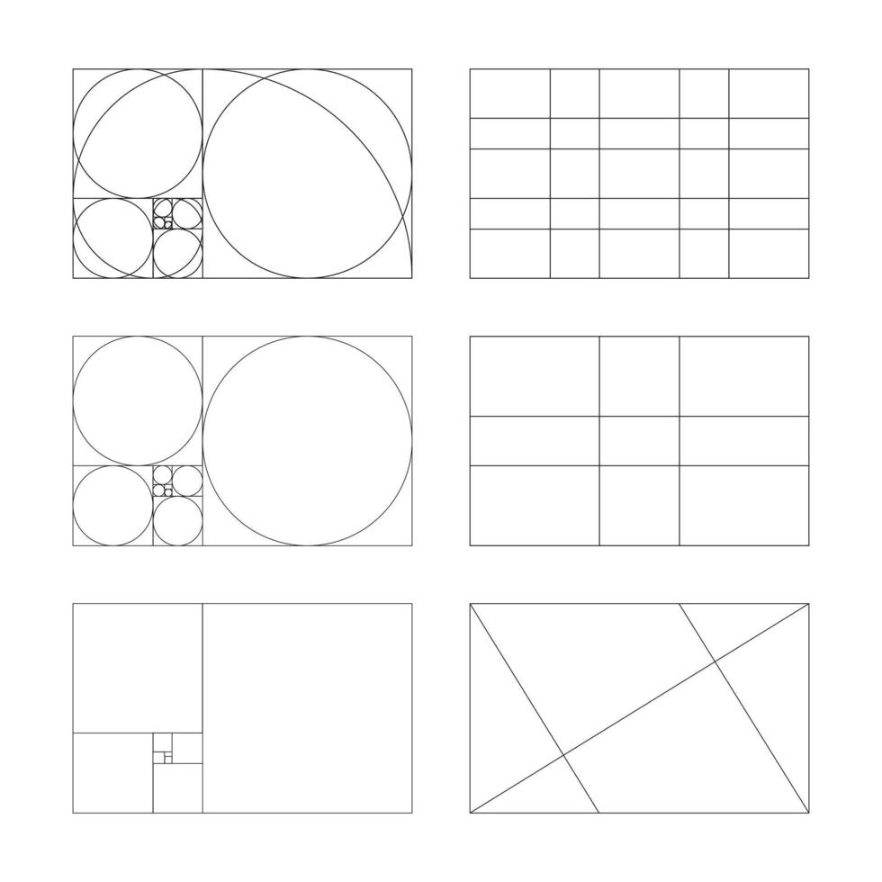Golden ratio mockup. Method golden section frames. Fibonacci array, numbers. Set of harmony proportions layouts. Outline graphic illustration. vector