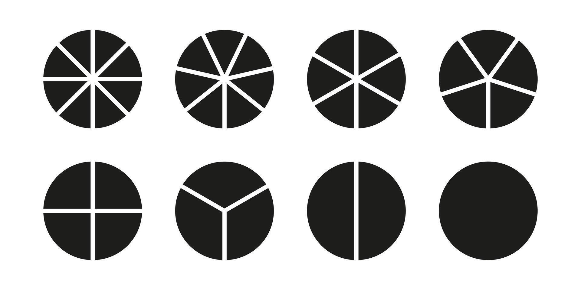 Circle division on 1, 2, 3, 4, 5, 6, 7, 8 equal parts. Set of infographic minimalist icons. Coaching blank mockup. Pie, pizza chart layout. Wheel round divided diagrams from one to eight segments. vector