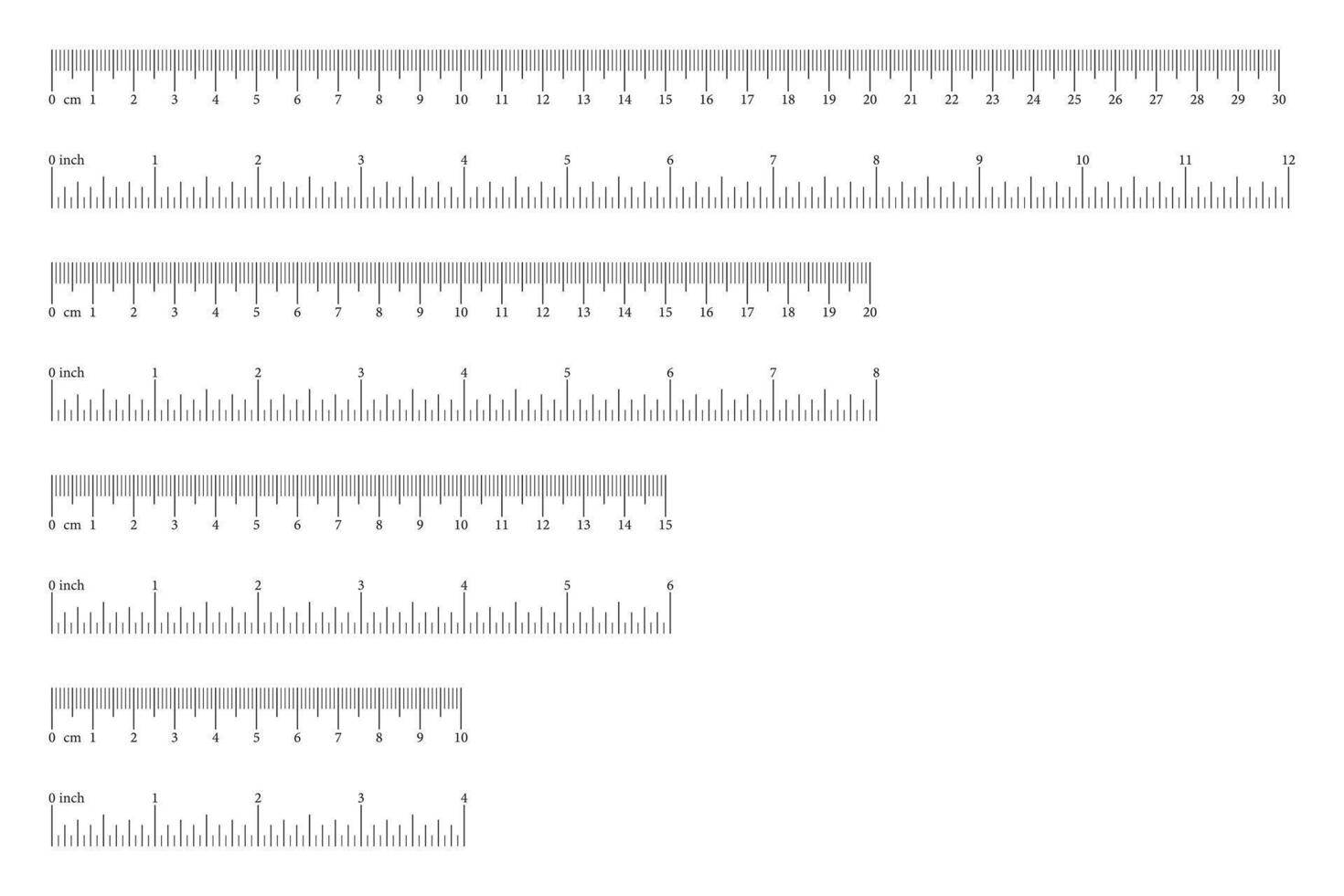 Measuring charts layout. Scale, ruler with markup and numbers, with 4, 6, 8, 12 inches and 10, 15, 20, 30 centimetre. Distance, height, length measurement, sewing tool mockup. Graphic illustration. vector