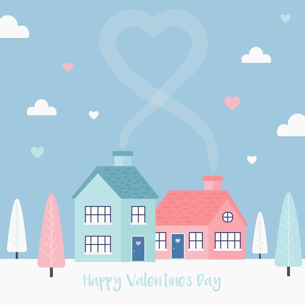Minimalistic card for Valentine's Day. Concept of loving houses. Flat illustration vector