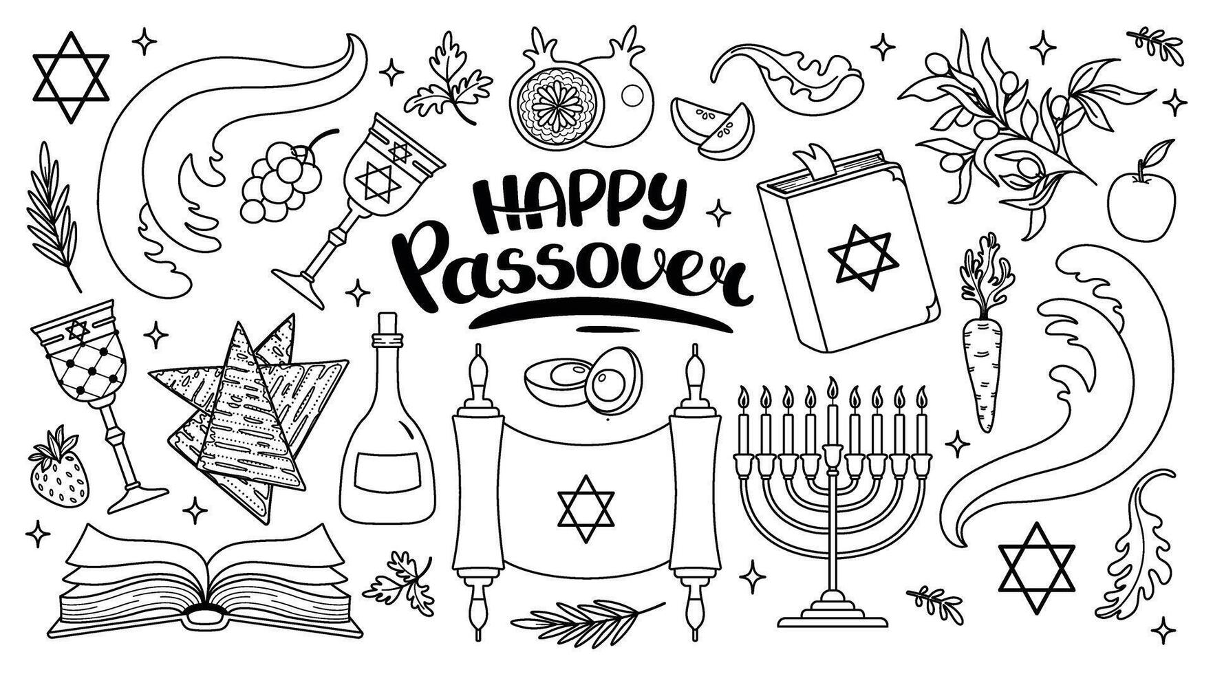 Happy Passover celebration doodle set. Jewish holiday Pesach background. Menorah, meal, matzah, wine, torus, Star of David, Elijah's Cup. Waves of the red sea. outline illustration. vector