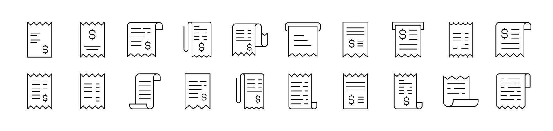 Pack of Line Icons of Store Receipt. Editable Stroke. Minimalistic Linear Pictogram for Design of Cards, Apps, Banners, Posts vector