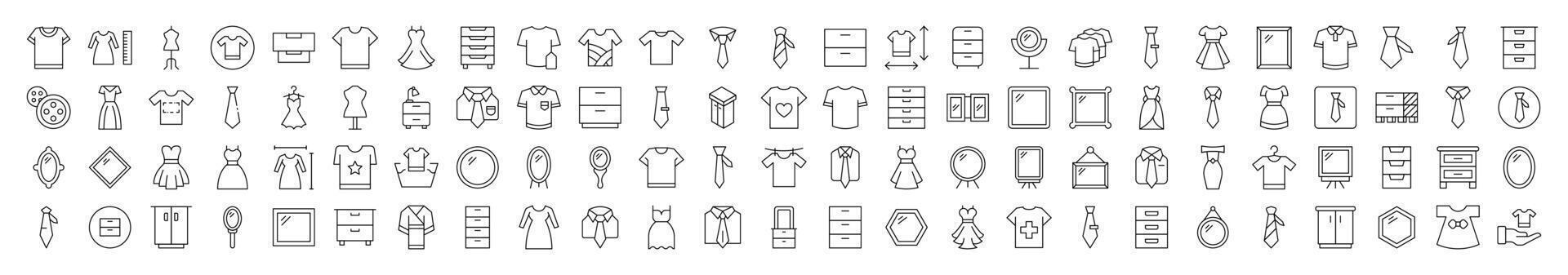 Closet, Wardrobe, Mirror, Dress, T Shirt Line Icon Bundle. Editable Stroke. Minimalistic Linear Pictogram for Design of Cards, Apps, Banners, Posts vector