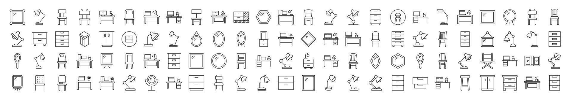 Table and Mirror Related Symbol Set. Contains Icons of Workplace, Mirror, Chair, Table Lamp for Banners, Infographics, Books, Articles and Other Types of Design vector