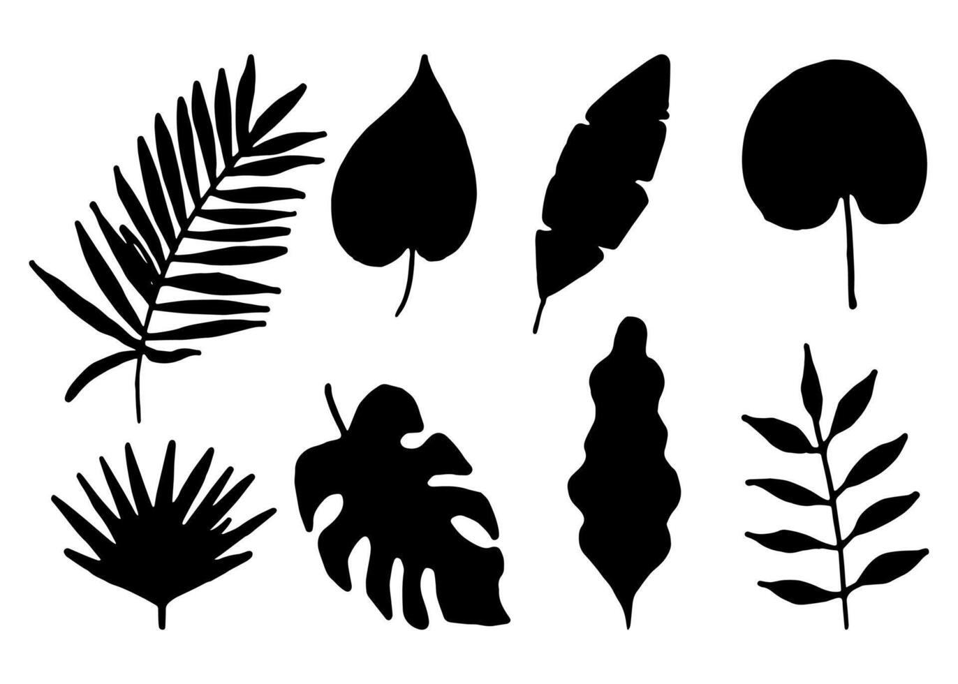 Set of hand drawn tropical leaves. Black silhouette of exotic leaves on an isolated background. vector