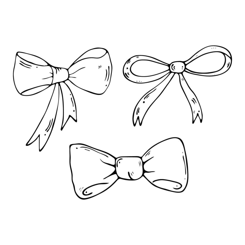 Set of various bows in doodle style, gift ribbons. . Hand drawn. vector