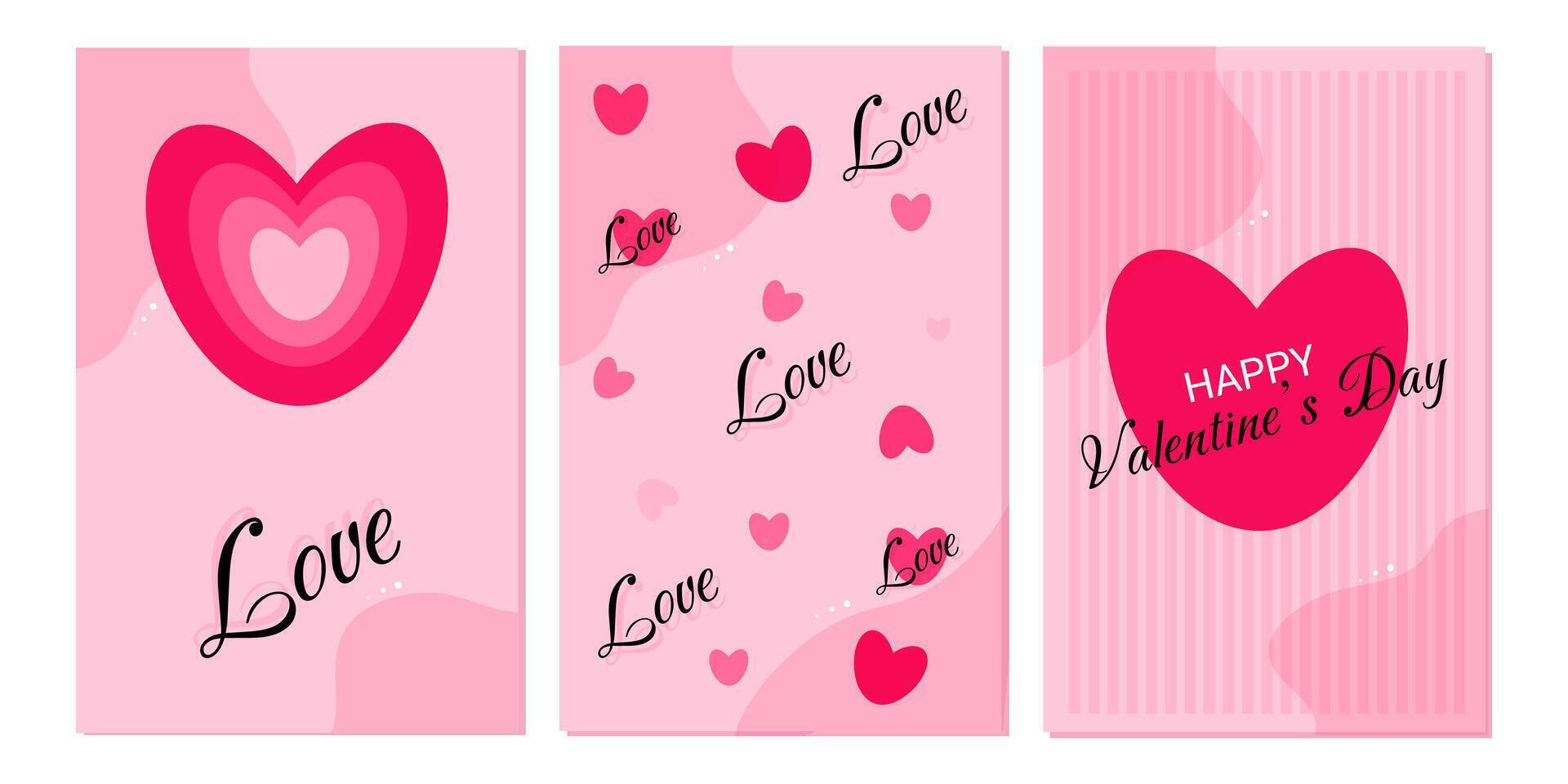 Set of 3 Valentine's Day cards. Pink greeting card for February 14 for web and print. EPS 10. vector