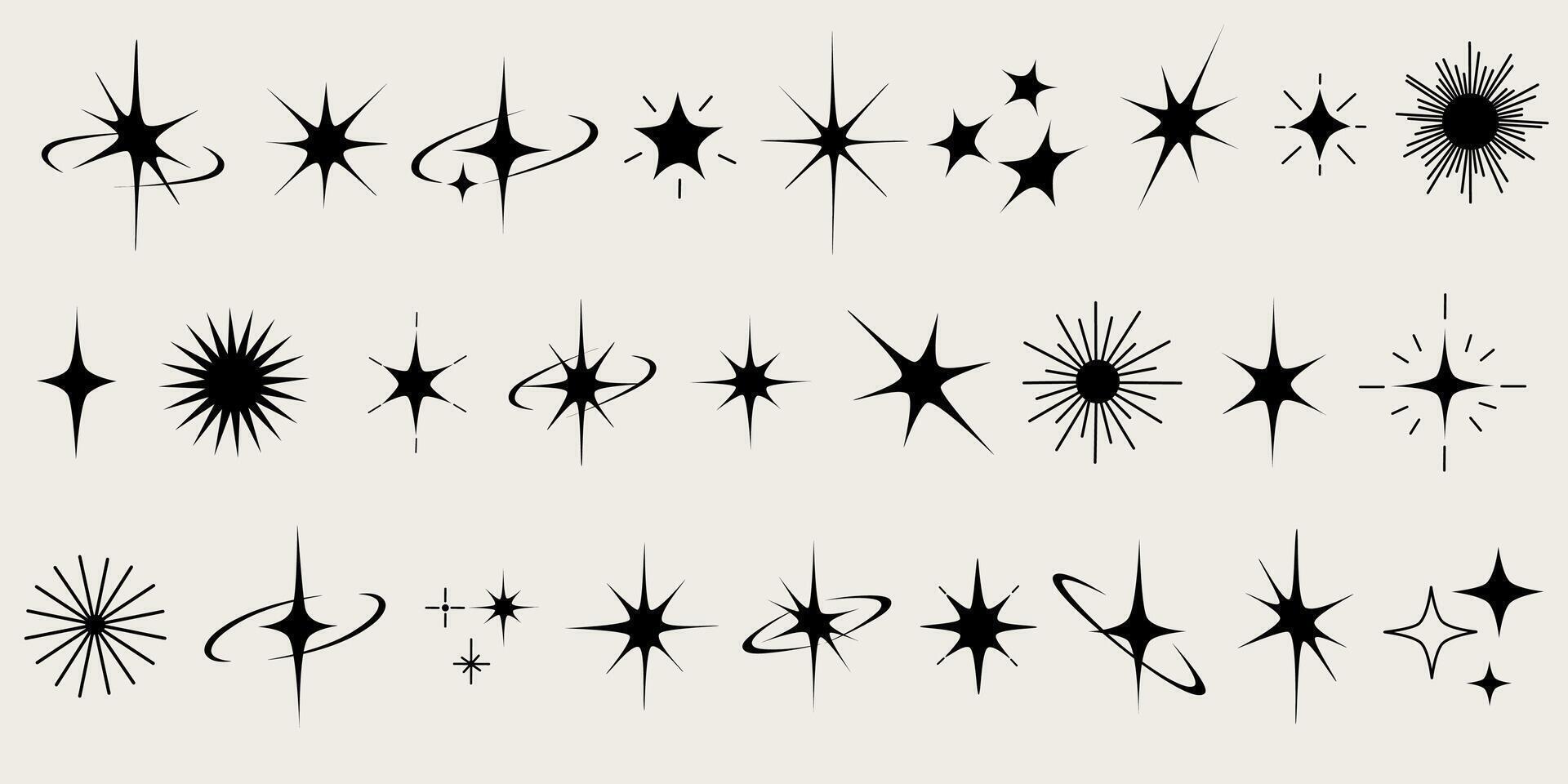 Futuristic sparkle icons collection. Set of star shapes. Abstract cool shine effect sign design. Shine icon. Stars sparkle doodles. Shine or sparkle Illustration vector