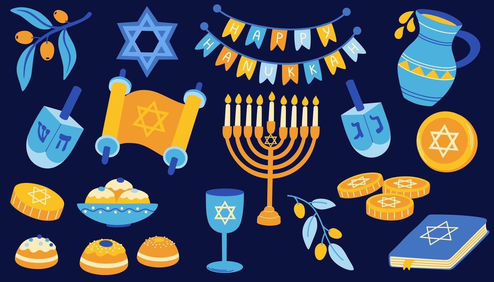 Happy Hanukkah holiday set. Symbols and attributes, menorah, sufganiyah doughnuts, olive branch, flying dove, dreidels. Flat illustrations vector
