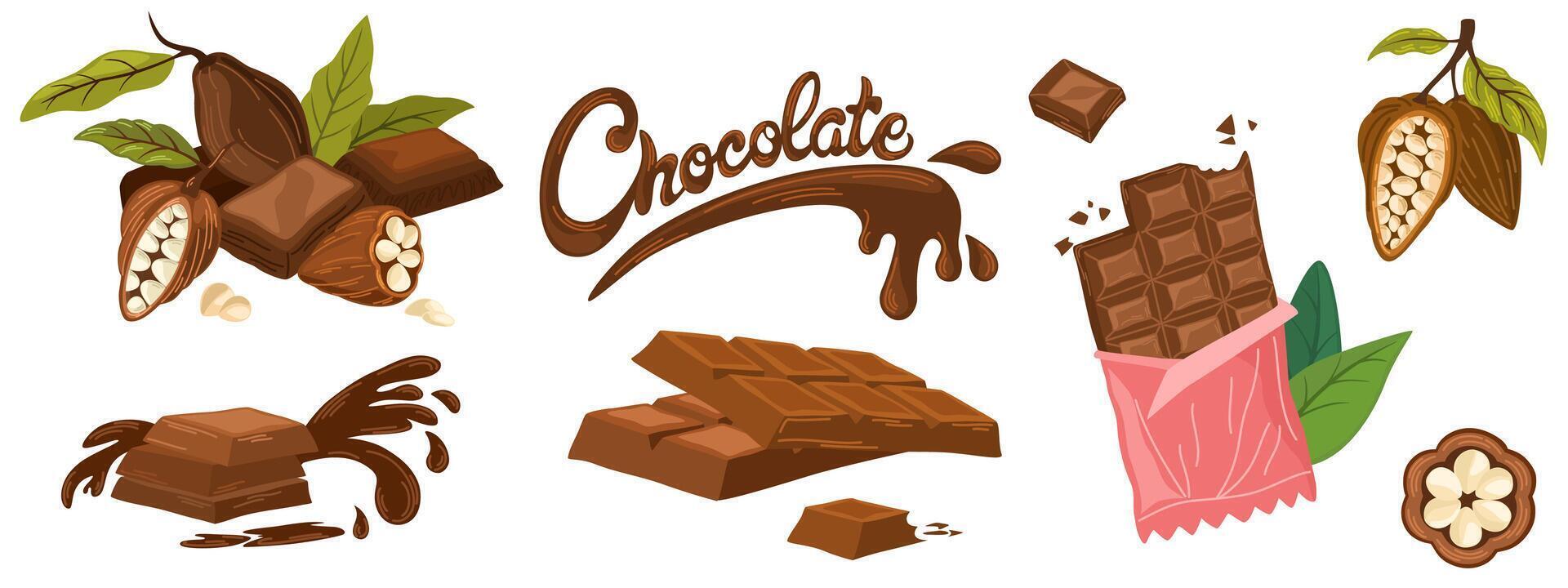 Cocoa and chocolate cartoon set. Cocoa beans, leaves, raw chocolate chunks, wedges of dessert chocolate, Chocolate text. Organic product. hand draw illustration isolated on white background. vector
