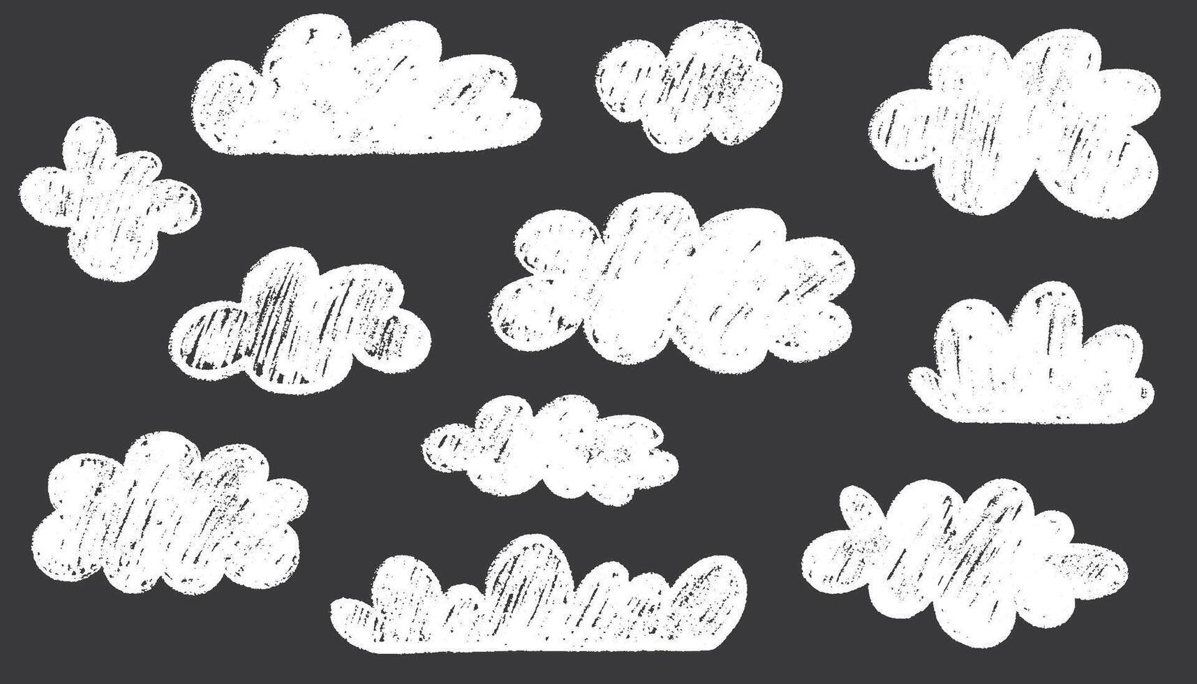 Crayon drawn cute clouds in kid's style. Pencil drawings childish icons isolated on white. Hand drawn various Crayon scribbled texture. Cloud shapes. Naive style childish elements. vector