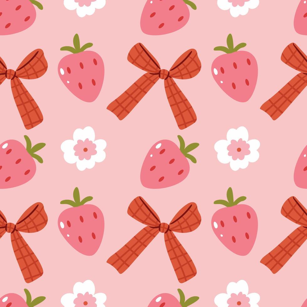 Summer pattern with strawberries, bows and flowers on a pink background. vector