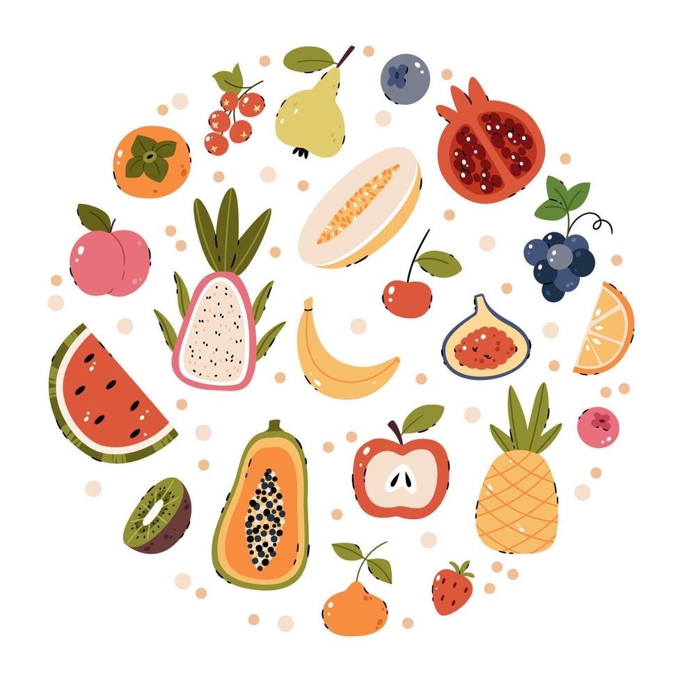Stylish set with fruits and berries in a simple, naive style. Pear, vector