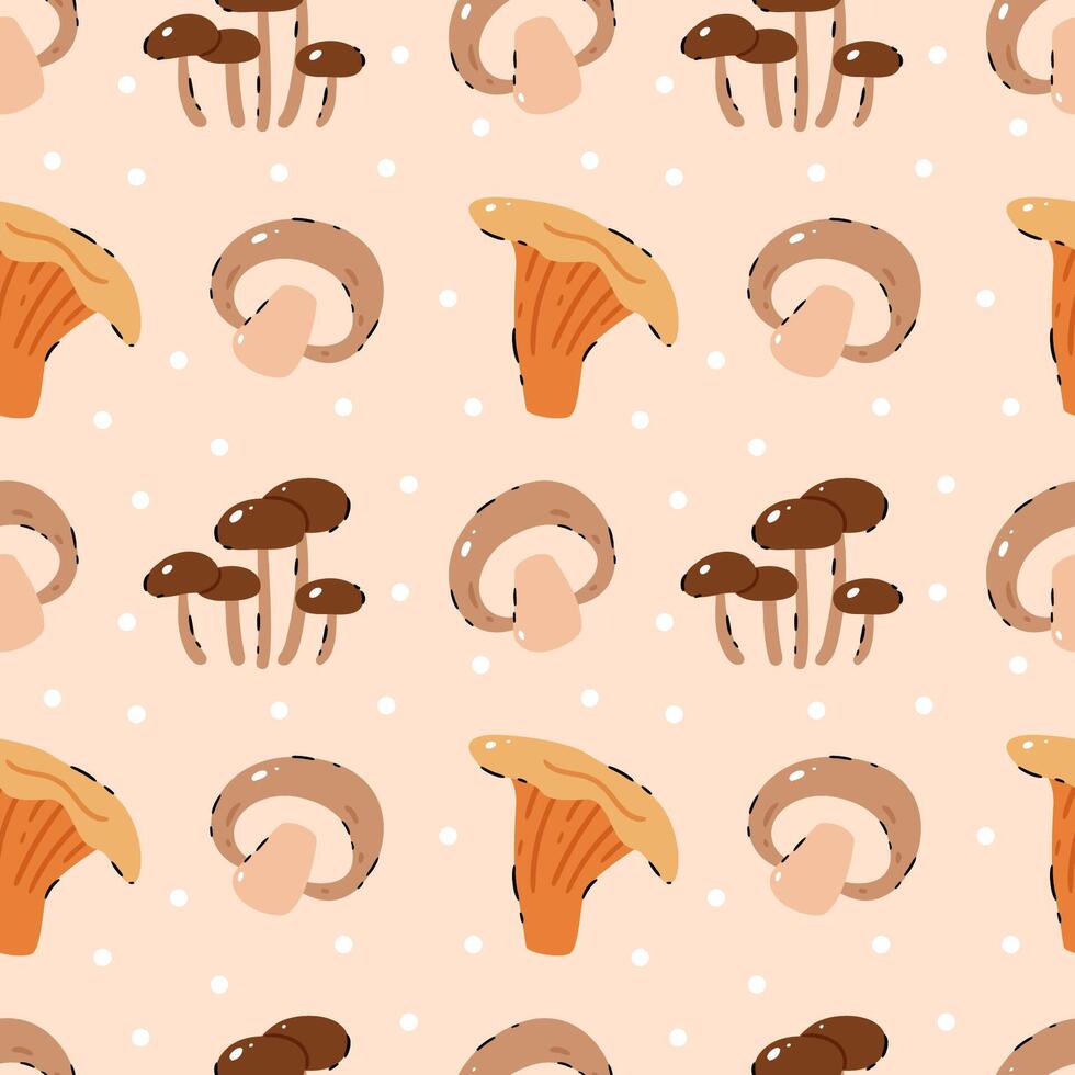 Pattern Mushrooms on a beige background with polka dots.Button, Cremini, Portobello, Shiitake, Oyster, Porcini, Morel, Enoki, Chanterelle, Maitake vector