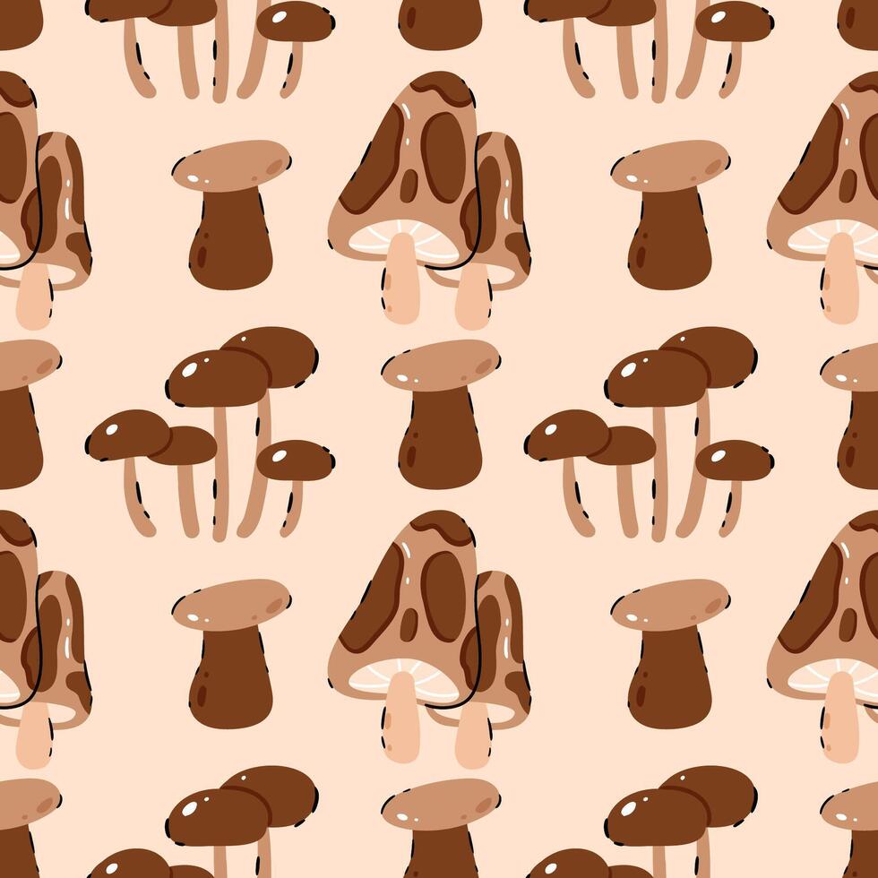 Pattern Mushrooms on a beige background.Button, Cremini, Portobello, Shiitake, Oyster, Porcini, Morel, Enoki, Chanterelle, Maitake vector