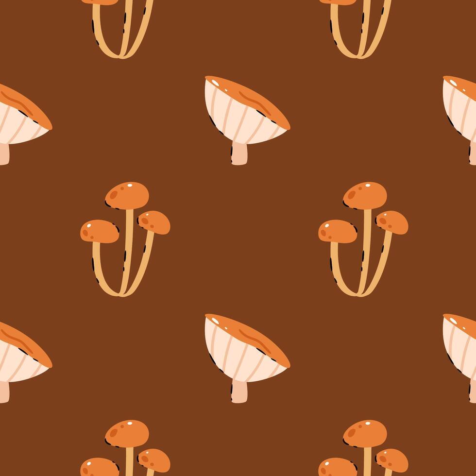 Pattern Mushrooms on a brown background.Button, Cremini, Portobello, Shiitake, Oyster, Porcini, Morel, Enoki, Chanterelle, Maitake vector