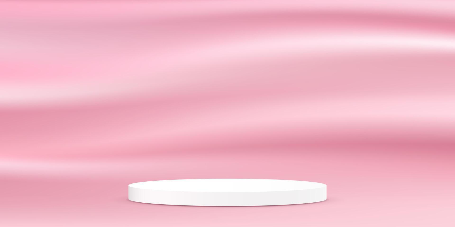 Pink background 3d with white podium. Pink satin smooth fabric background. Space for selling products on the website. illustration. vector
