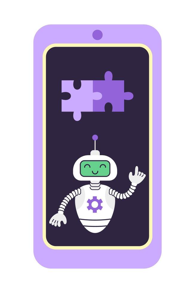 AI robot assembles puzzle on the smartphone screen. Artificial Intelligence Virtual Assistant. Business and Education Concept. Isolated illustration. vector